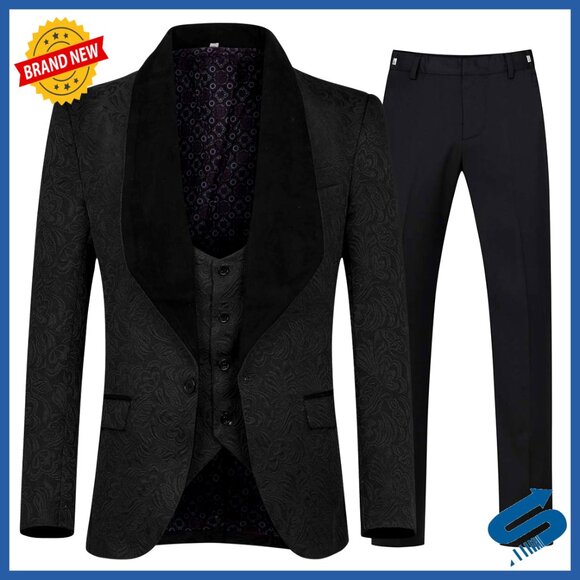 Slim Fit Jacquard Tuxedo Suit Shawl Collar Blazer Vest Pants Formal Wear